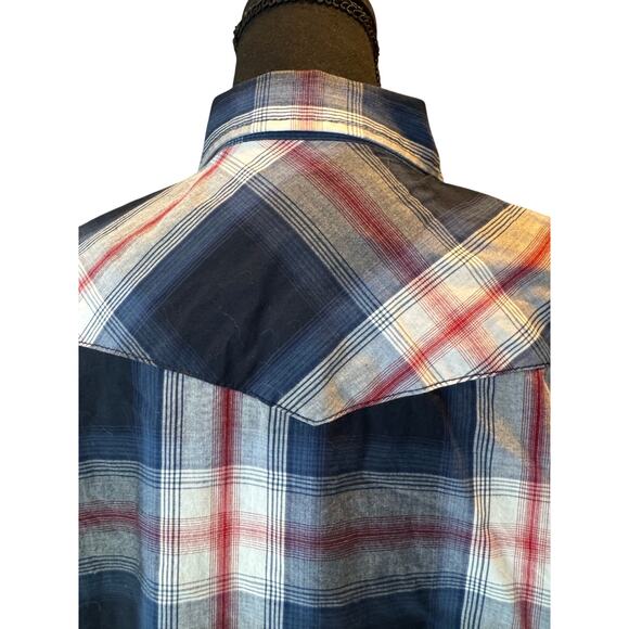 Men's L Short Sleeve Cotton Western Covered Snap Button Plaid Blue American Rag - Picture 2 of 6